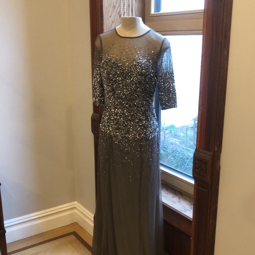 Adriana Papell smokey grey and silver sequined evening gown